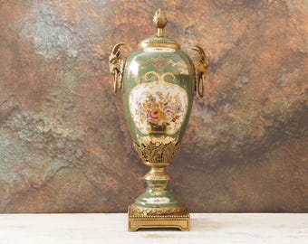 Vintage Porcelain Vase with Bronze Lid – Classical Urn with Ram Finial Decorative Art