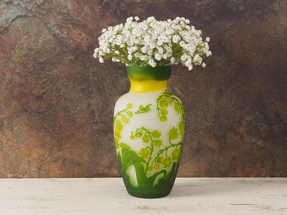 Emile Gallé Style Art Nouveau Cameo Glass Vase - Green Yellow Floral Decorative Antique French Accent, Gift for him, Gift for hergift