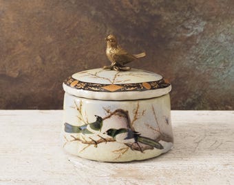 Antique French-Inspired Porcelain Trinket Box with Bronze Bird Ornaments and Floral Design Vintage Unique Gift