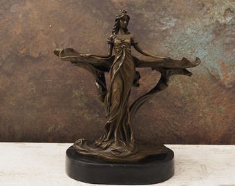 Vintage French Art Deco Bronze Lady Sculpture Tray - Signed Decorative Dish for Elegant Home Decor Vintage Unique Gift