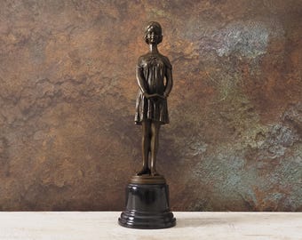 Art Deco Bronze Figurine: Chiparus-Inspired 'Innocence' Sculpture on Stone Base, 35cm Antique-Style Vintage Unique Gift