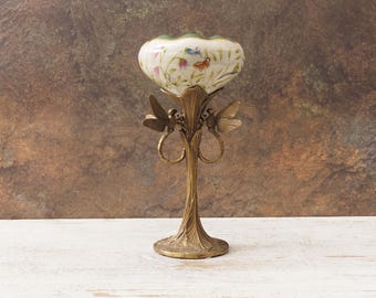 Art Nouveau Porcelain Bowl with Bronze Dragonfly - Vintage Home Decor Accent Unique Gift