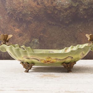 Vintage Porcelain Bowl Bronze Dragonflies Green Regency Plateau Dish Unique Gift Collectible
