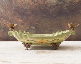 Vintage Porcelain Bowl Bronze Dragonflies Green Regency Plateau Dish Unique Gift Collectible