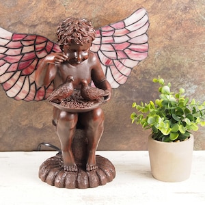 Handcrafted Tiffany-Style Angel Table Lamp: Stained Glass Art Lighting for Spiritual Home Decor Vintage Unique Gift