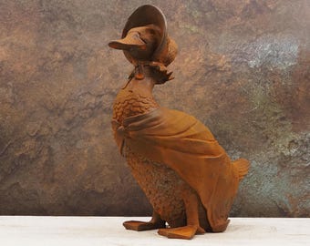 Rustic Cast Iron Mother Duck Statue: Heavy Garden Decor with Natural Rust Patina for Outdoor Spaces Vintage Unique Gift