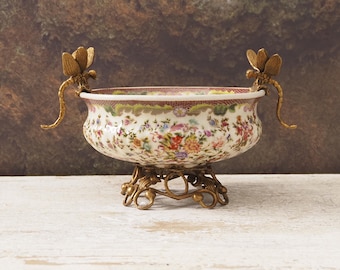 Ciotola da frutta in porcellana con decorazione floreale a libellule, ciotola decorativa in stile vintage con motivo marrone, 23 cm / 9 pollici, ideale come regalo o per la casa.