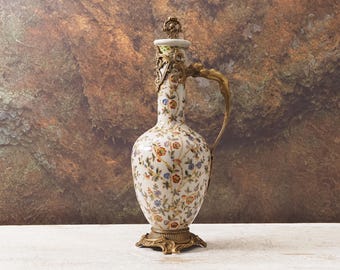Porcelain Wine Jug with Floral Motifs & Bronze Mermaid Handle – Vintage Pitcher