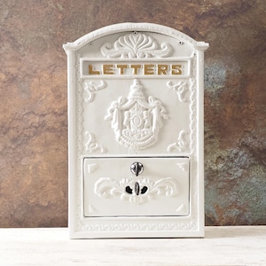 Vintage Wall Mailbox - Antique White Metal Post Box for Romantic Farmhouse Shabby Chic Decor