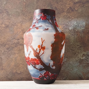 Romantic Emile Galle Inspired Glass Vase with Blue Red Bird Design - Artistic Flower Holder for Weddingsgift Unique Vintage Gift
