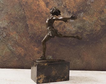 Vintage Style Bronze Runner Sculpture 11" Modernist Athlete Art Deco Marble Base