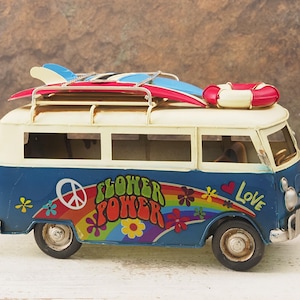 Vintage VW Camper Van Metal Model - Distressed Flower Power Decor, Retro Collector&#39;s Gift (24cm), Gift for him, Gift for her