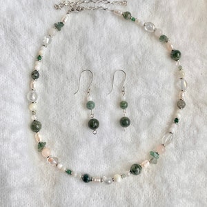 green jade and aventurine beaded necklace and earring jewelry set with freshwater pearls