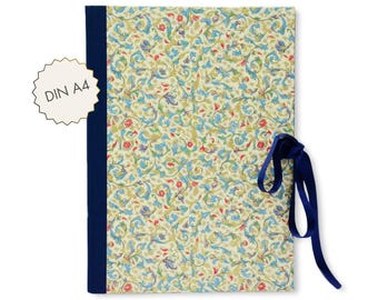 Elegant A4 Document Folder with Satin Ribbon Closure – Blue Linen Portfolio Folder with Italian Florentine Paper & Gold Embossing