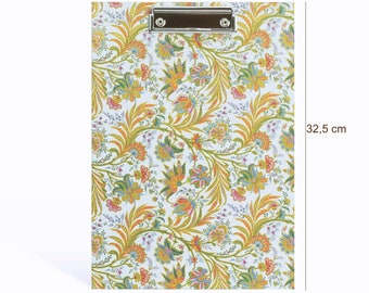 clipboard for DIN A4 (8,27 x 11,69 “), note board handmade with flower pattern blue, clamp mechanism 3,93 “, nice birthday present