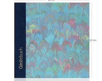edles Gästebuch Marmorpapier blau, Buch für Gäste neutral, Blankobuch Hochzeit, quadratisch, 22x22cm, 100 Seiten zum selbst gestalten
