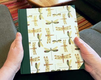Handmade Photo Album Dragonfly Design – Dark Green Linen & Gold Accents – Handbound in Germany Album with Glassine Sheets – 30 Pages