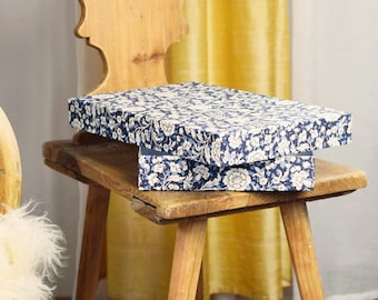 Box flat with lid, storage box rectangular, blue cardboard flower tendrils, large slip box made of thin cardboard, for school or notes