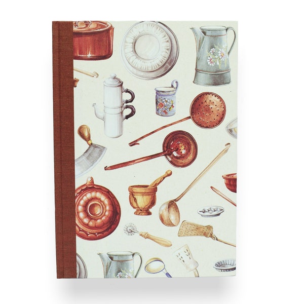 Schönes Kochbuch, Buch für Rezepte, Rezeptbuch, 17 x 24 cm, italienisches Papier Küchengeschirr, Leinen hellbraun, Geschenk zu Weihnachten