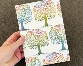 May include: A notebook with a white cover featuring a repeating pattern of colorful trees. Each tree has a rainbow-colored canopy and a green trunk. The notebook is held in a hand.