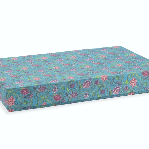 A4 Schachtel flach mit Deckel, Aufbewahrungsbox, blaue Kartonage mit rosa Blumen, aus dünnem Karton, für Schule, Noten oder Bastelzubehör