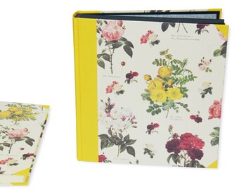 Handmade Photo Album 9 x 9.6 inches | Scrapbook with Black Pages | Yellow Linen | Vintage Roses Paper | 30 Sheets | Parchment Interleaves