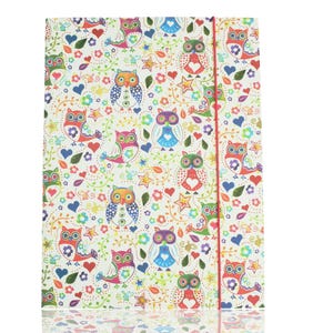 Può includere: Una cartella rettangolare con chiusura elastica caratterizzata da un motivo ripetuto di gufi colorati, piccoli fiori, cuori e stelle su sfondo bianco. I gufi sono raffigurati in varie tonalità di rosso, blu, verde e viola.