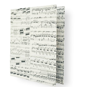 Könnte beinhalten: Ein Notizbuch mit einem Notenmuster. Die Seiten sind mit schwarzen Noten und Symbolen auf cremefarbenem Hintergrund gefüllt. Das Notizbuch ist geöffnet und zeigt die Innenseiten mit dem gleichen musikalischen Muster.