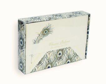 Letter cards, Box of peacock feathers, place cards, 10 cards, 10 envelopes, for Christmas, invitations, birthday, with gold embossing