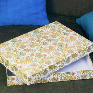 Handmade A4 Storage Box with Lid – Italian Cipro Decorative Paper with Gold Foil – Flat Cardboard Document Box – Luxury A4 Paper Box
