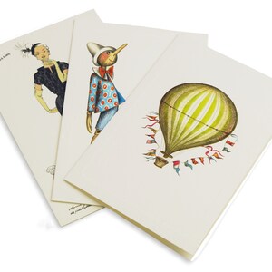 3-er Set Grußkarten Pinocchio, Ballon, Modedame, Klappkarten mit Kuvert, 11,5 x 17 cm, Glückwunschkarten für Geburtstage und Weihnachten