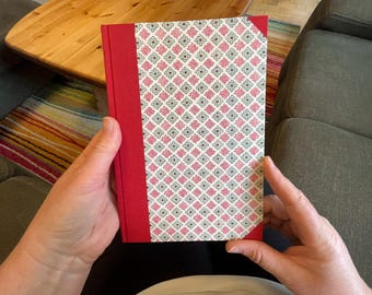 Handmade A5 Dotted Notebook – Personalized Bullet Journal – Red Linen Cover & Bookmark – 224 Pages Cream Paper – Custom Journal Gift