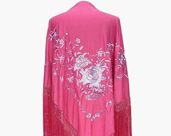 Mantón flamenco grande de mujer con bordado blanco de flores y flecos color rosa, extremadamente hermoso y compuesto para la danza flamenca