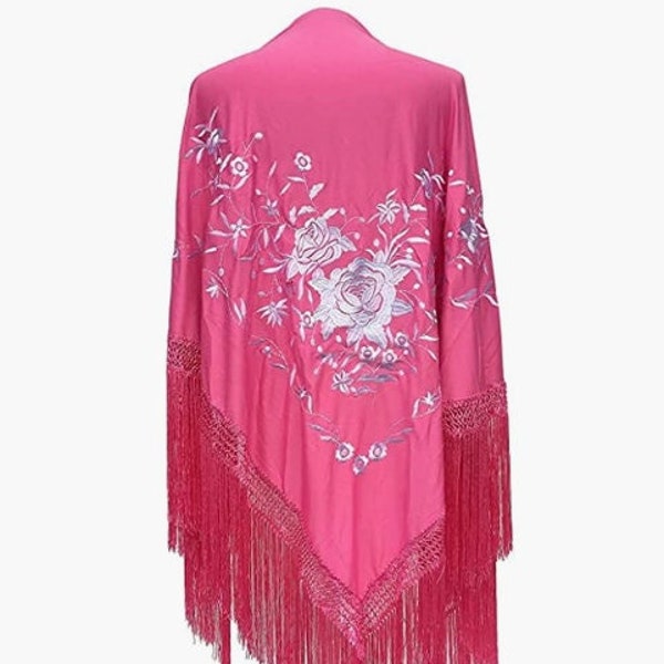 Grande scialle da flamenco da donna con ricami bianchi di fiori e frange rosa, estremamente bello e composto per il ballo flamenco