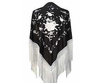 Mantón pico mediano triangular de flamenco o sevillanas (150X70cm) Cuerpo Negro, Bordado y flecos blancos