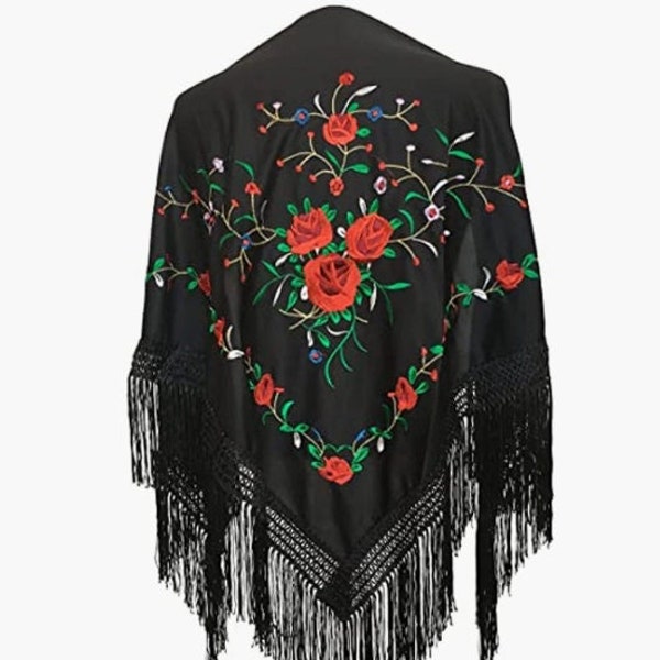 Medium triangular flamenco or sevillanas peak shawl (150X70cm) Black embroidered Red/green…