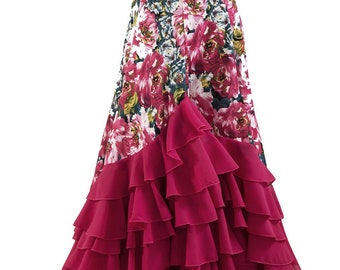 Jupe flamenco pour femme imprimée de fleurs avec 5 volants de couleur FUCHSIA