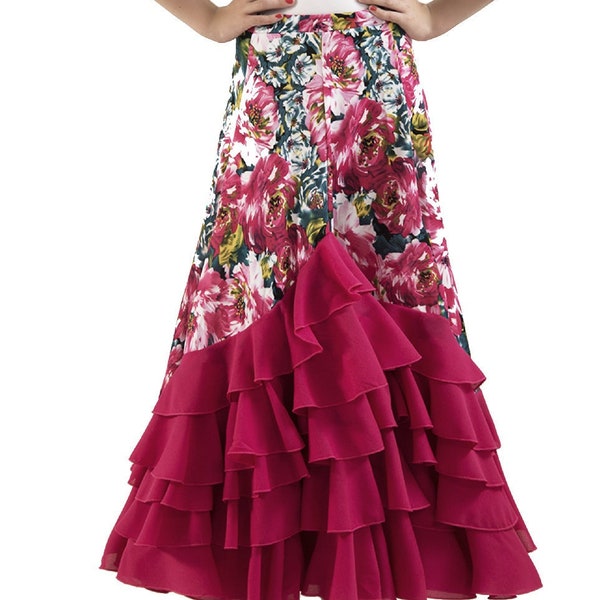 Jupe flamenco pour femme imprimée de fleurs avec 5 volants de couleur FUCHSIA