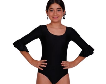 Girl's bodysuit with a ruffle on the sleeve, elastic lycra fabric