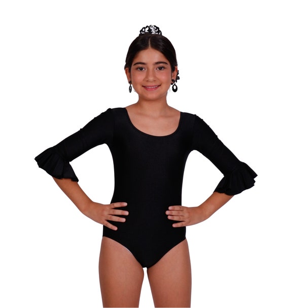 Girl's Bodysuit With a Ruffle on the Sleeve, Elastic Lycra Fabric