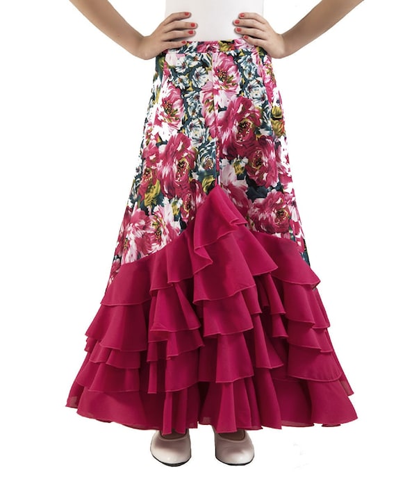 Falda flamenca de mujer estampada de flores con 5 volantes color FUCSIA -   España