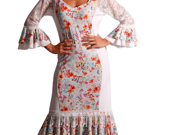 Flamenco dress with lace sleeves and floral print