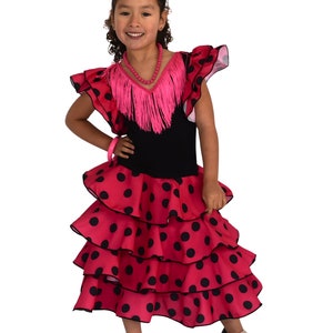 Girl's dress for flamenco or sevillanas dance Fucsia topos negros
