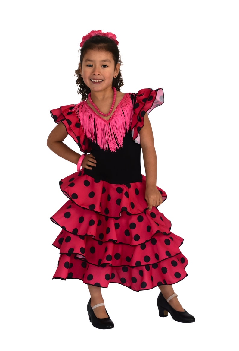 Vestido de niña para baile flamenco o sevillanas Fucsia topos negros