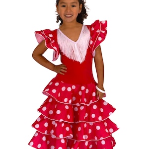 Girl's dress for flamenco or sevillanas dance Fucsia topos blancos