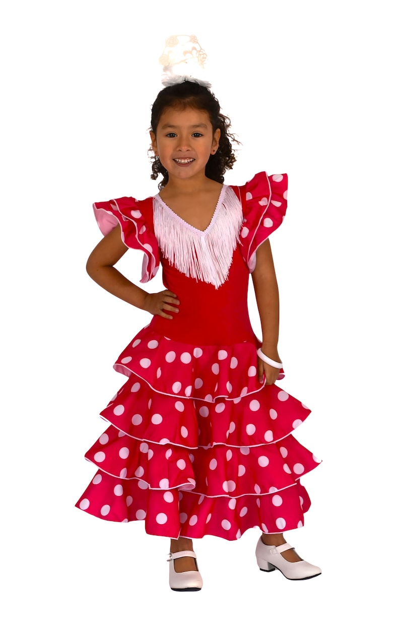 Vestido de niña para baile flamenco o sevillanas Fucsia topos blancos