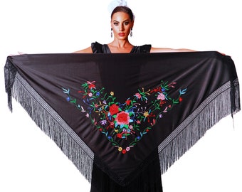 Mantón pico NEGRO de flamenco con flecos. Bordado a una cara multicolor. Grande 190X90cm