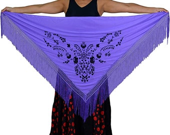Medium lilac flamenco shawl for women, with black tulip embroidery and lilac fringes, extremely beautiful