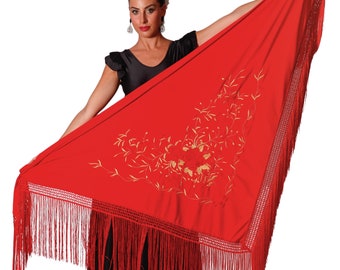 Triangular flamenco shawl with fringes. Red and gold embroidered red body. Large 190X90