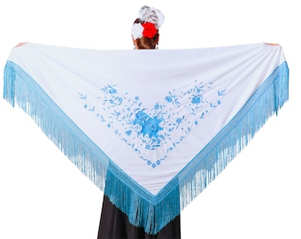 Châle triangulaire flamenco avec franges. Broderies et franges bleues. Grand 190X90cm sans compter les franges qui mesurent 30cm